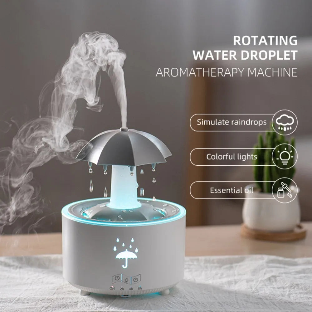 Rotating Umbrella Water Drop Humidifier with Night Lights, Essential Oil Aroma Diffuser for Home, Mute Spray, 300ML Capacity