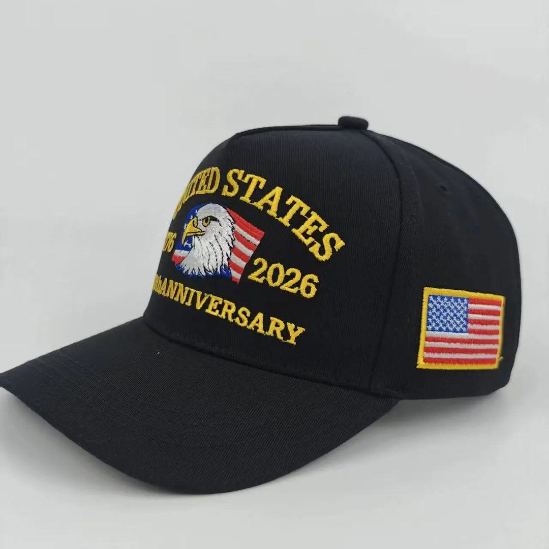 Breathable unisex baseball cap - Eagle-embroidered, flag-patch, six-panel curved-brim, cotton crown, 250th anniversary
