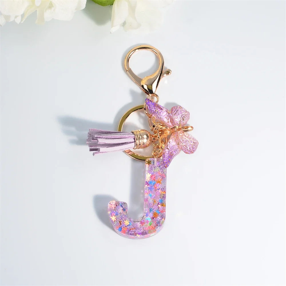 Sequin Letter Keychain With Butterfly Tassel Charm