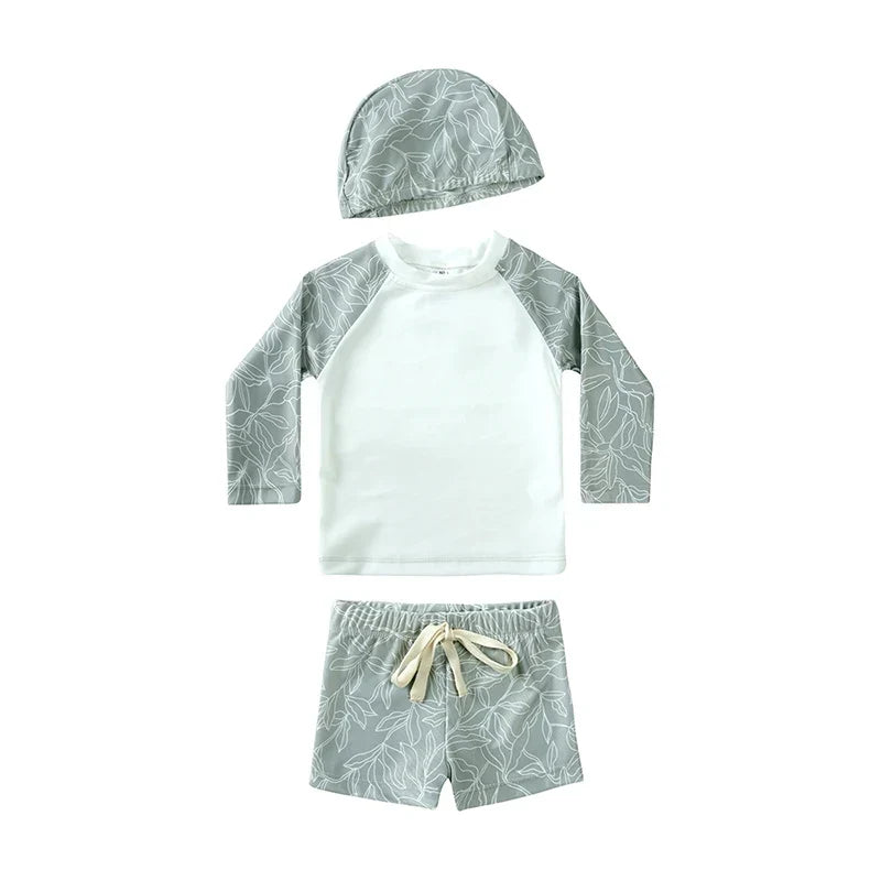 Breathable Kids Rash Guard Swim Set – Long-Sleeve Top, Swim Trousers, Hat, Polyester Elastane, Beach Vacation