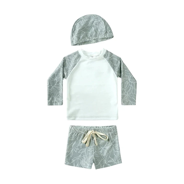 Breathable Kids Rash Guard Swim Set – Long-Sleeve Top, Swim Trousers, Hat, Polyester Elastane, Beach Vacation