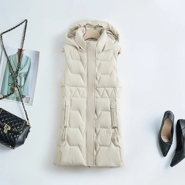 Lightweight Cozy Women Long Puffer Vest - Hooded Down
