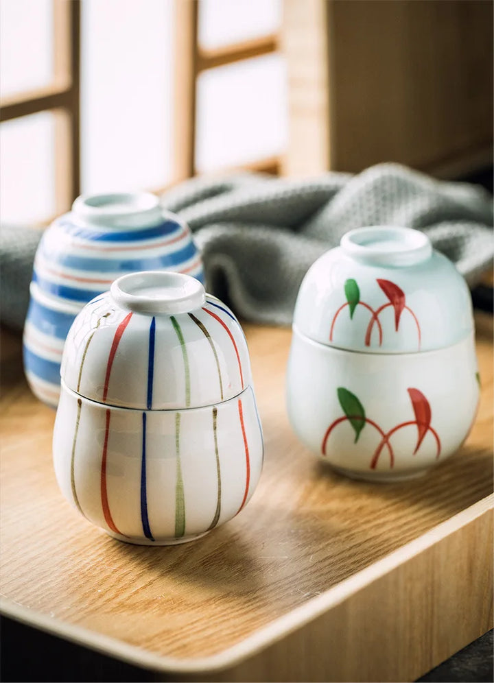 Hand Painted Japanese Ceramic Lidded Dessert Bowls Set
