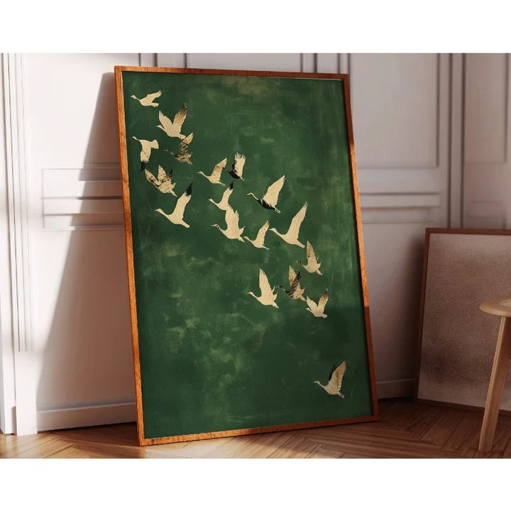 Cranes Wall Art Emerald Green Canvas With Gold Accents