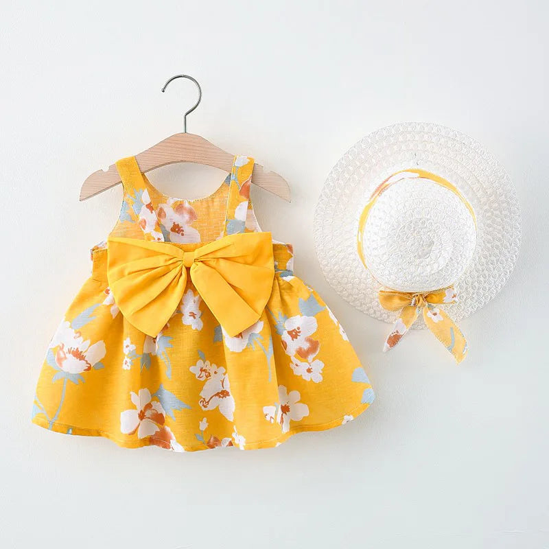 Soft baby girls dress - sleeveless, floral bow-embellished, cotton-polyester blend, for summer outings
