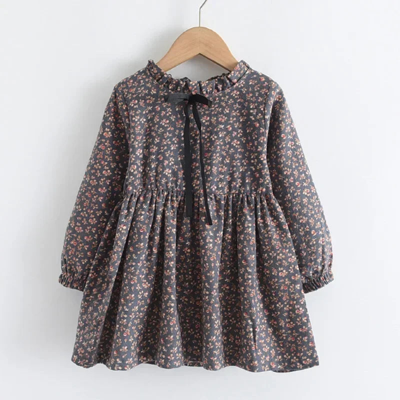 Soft Girls Dress - Long-Sleeve Knee-Length Floral Print, Cotton, For Casual Wear