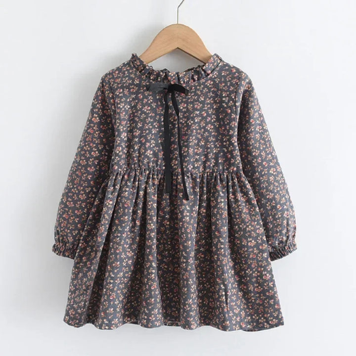 Soft Girls Dress - Long-Sleeve Knee-Length Floral Print, Cotton, For Casual Wear