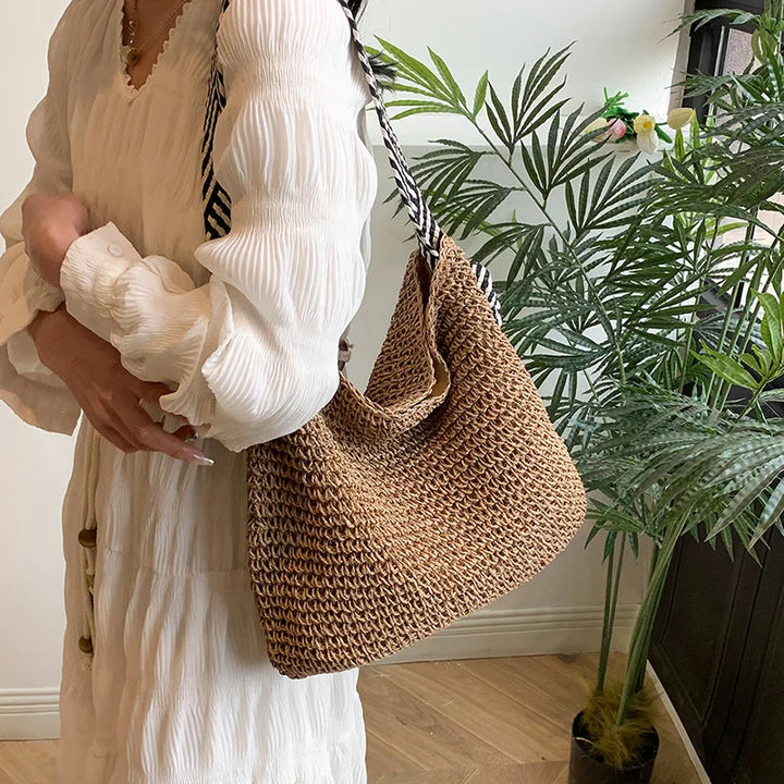 Straw Beach Bag - Large Capacity Woven Tote With Knot Shoulder Straps, Summer 2026