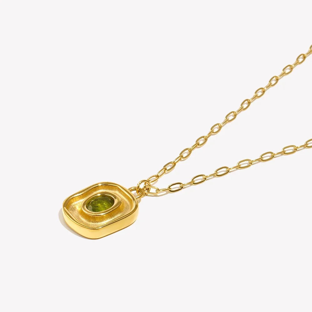 Necklace Green Zircon - Stainless Steel Paperclip Chain, 18K Gold Plated, Hypoallergenic Waterproof Jewelry Fall 2026 Gift