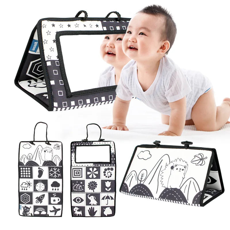 Black and White Tummy Time Mirror Toy for Infants, Sensory Development Crinkle Cloth, Best Newborn Tummy Time Toy, Montessori Inspired