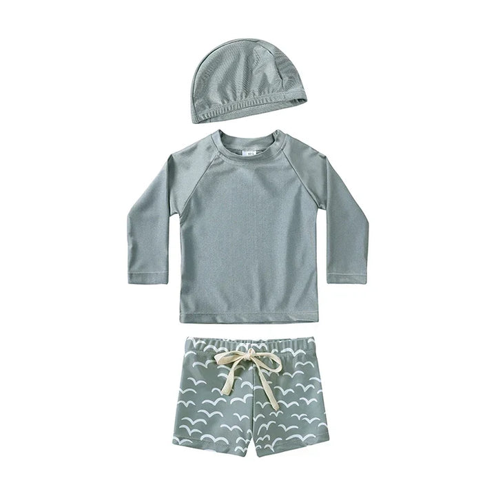 Breathable Kids Rash Guard Swim Set – Long-Sleeve Top, Swim Trousers, Hat, Polyester Elastane, Beach Vacation