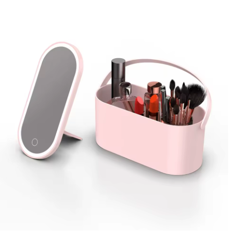 Makeup Organizer Box with LED Light Mirror - Portable Travel Makeup Case for Cosmetics Storage