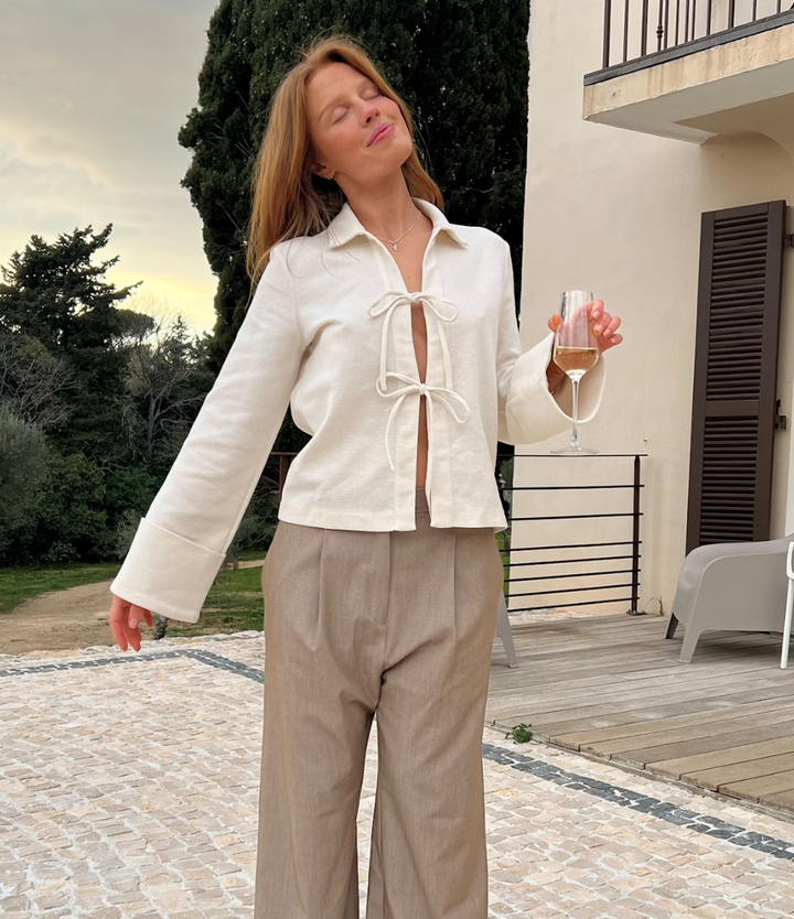 Elegant Cream Silk Blouse with Bow Bands and Wide Cuffs, Long Sleeve Tops for Women