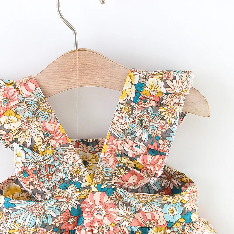 Soft Baby Girl Dress - Classic Floral Flutter Sleeves, Polyester, With Crossbody Bag, For Ages 0-3