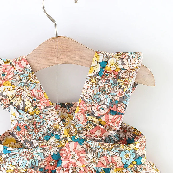 Soft Baby Girl Dress - Classic Floral Flutter Sleeves, Polyester, With Crossbody Bag, For Ages 0-3