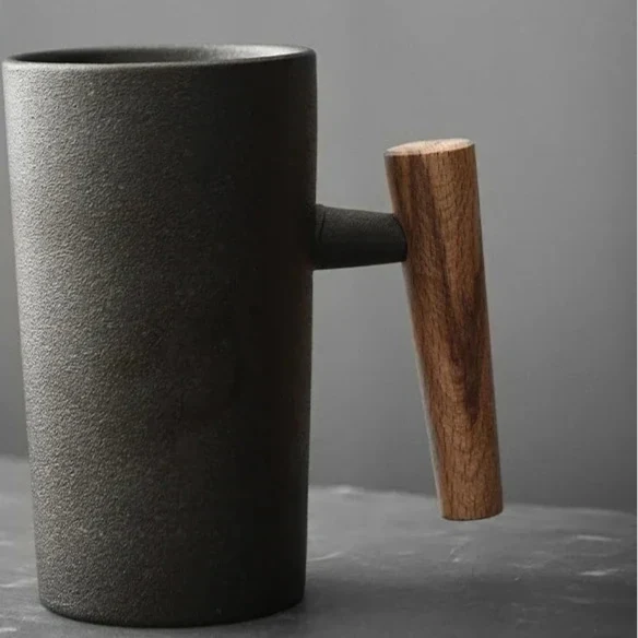 Japanese Style Stoneware Coffee Cup - Handmade Mug with Wooden Handle for Couples
