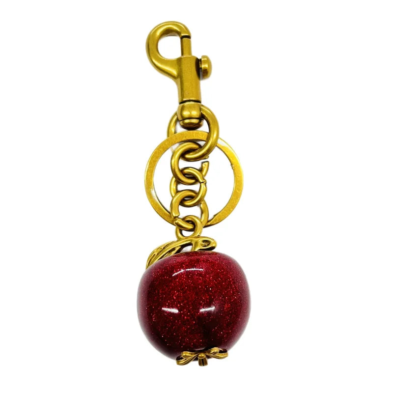 Red Cherry Keychain Bag Charm With Gold Leaf Lobster Clasp