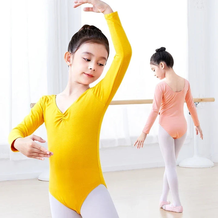 Breathable girls long sleeve ballet leotard - twist-front, cotton, for dance class