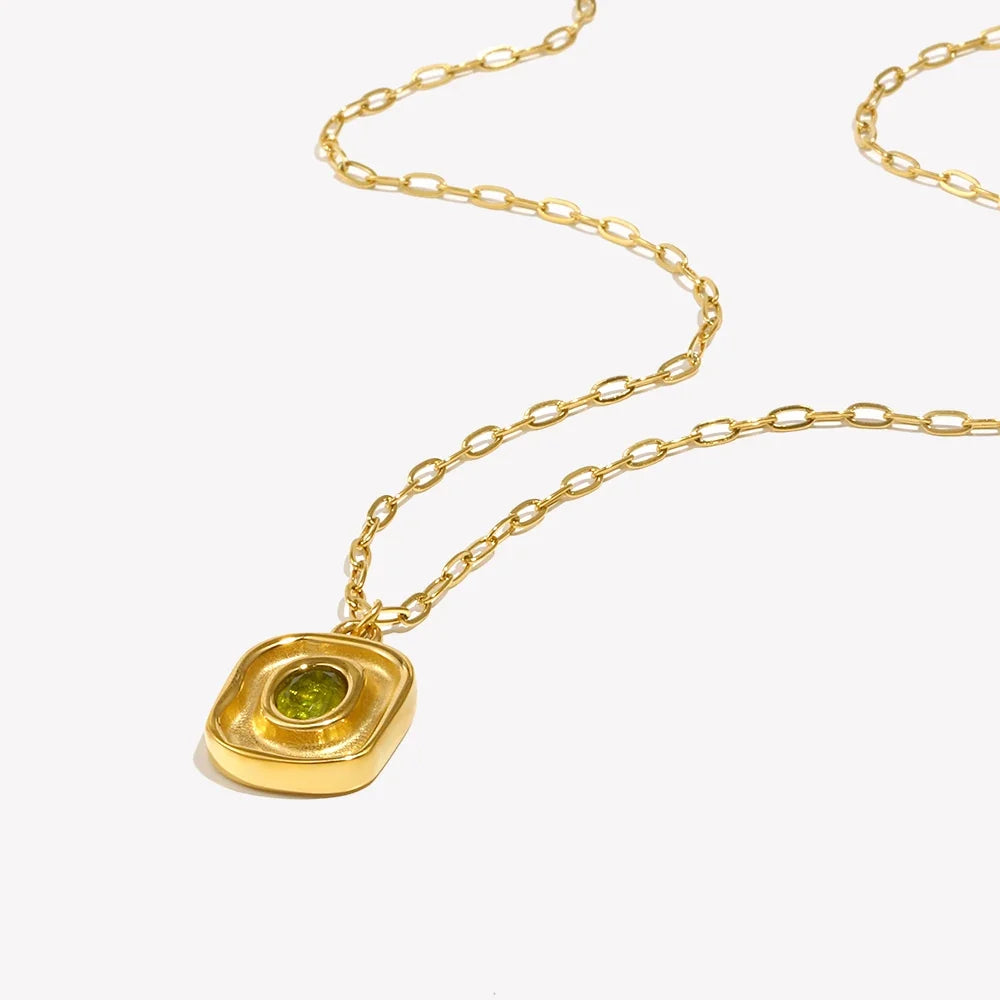 Necklace Green Zircon - Stainless Steel Paperclip Chain, 18K Gold Plated, Hypoallergenic Waterproof Jewelry Fall 2026 Gift