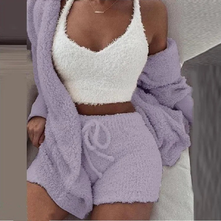 Fluffy Pajamas Set for Women Plus Size Tank Top Shorts Winter Sleepwear