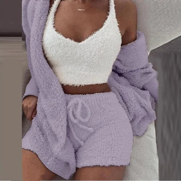 Fluffy Pajamas Set for Women Plus Size Tank Top Shorts Winter Sleepwear