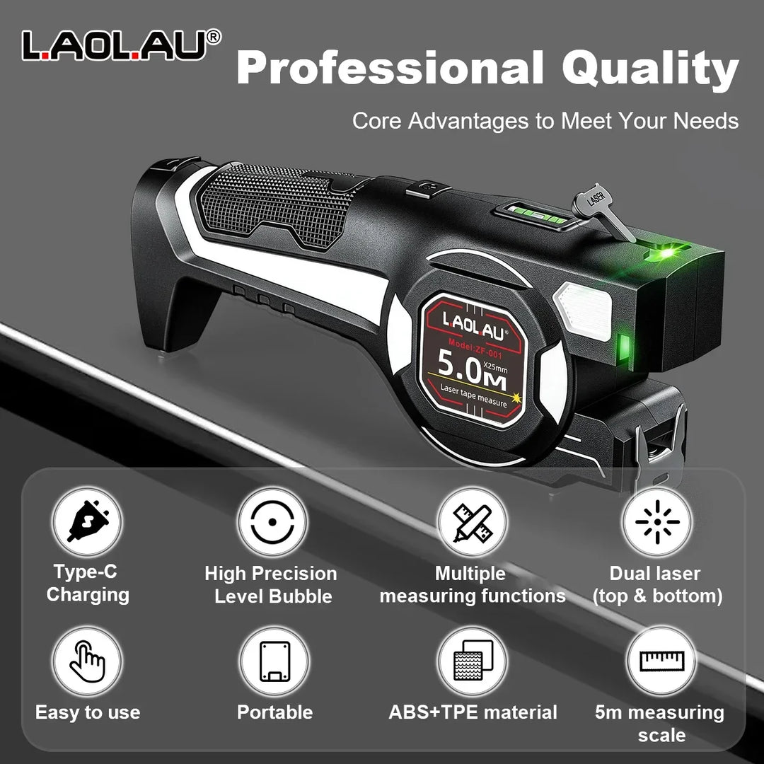LAOLAU 2-in-1 Laser Tape Measure 5M/16FT – Type-C Rechargeable Class II Laser Auto-Lock Tool 2026