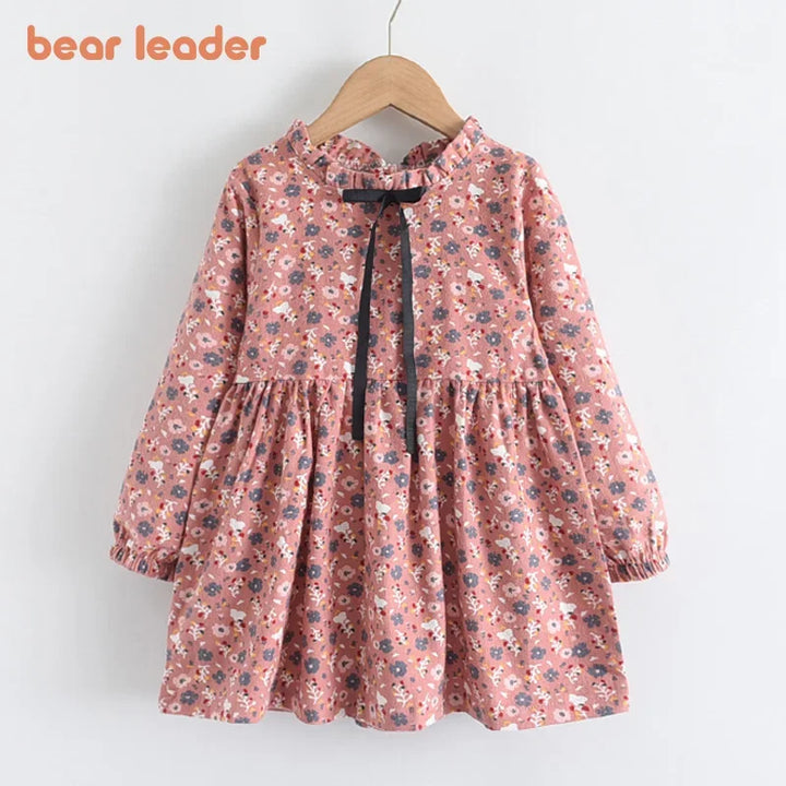 Soft Girls Dress – Long Sleeve Knee-Length, Floral Print, Cotton, Casual Autumn Wear