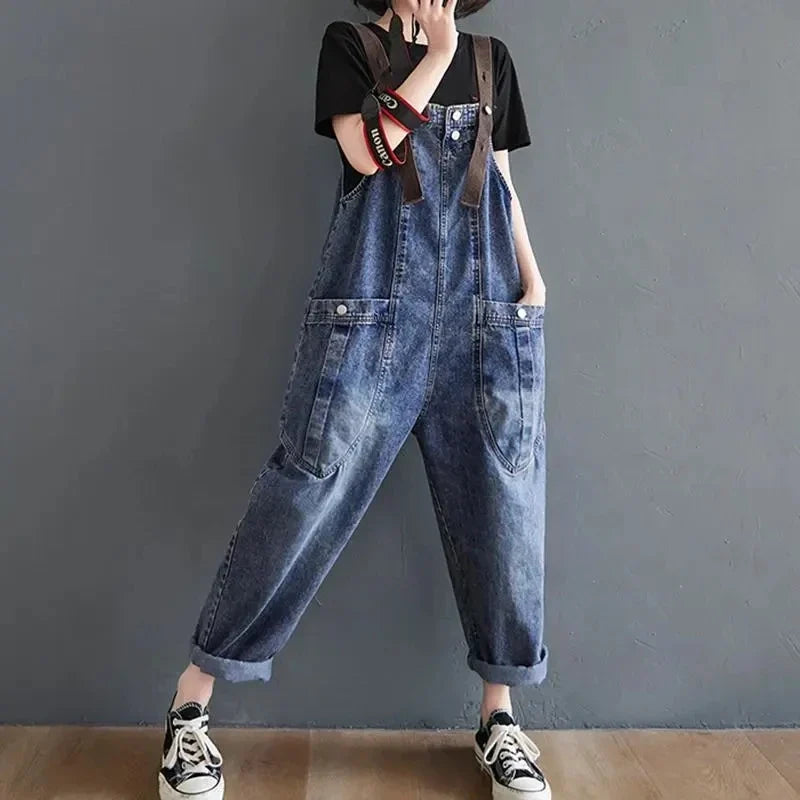 Vintage Big Pocket Suspender Jeans Trousers - Women&