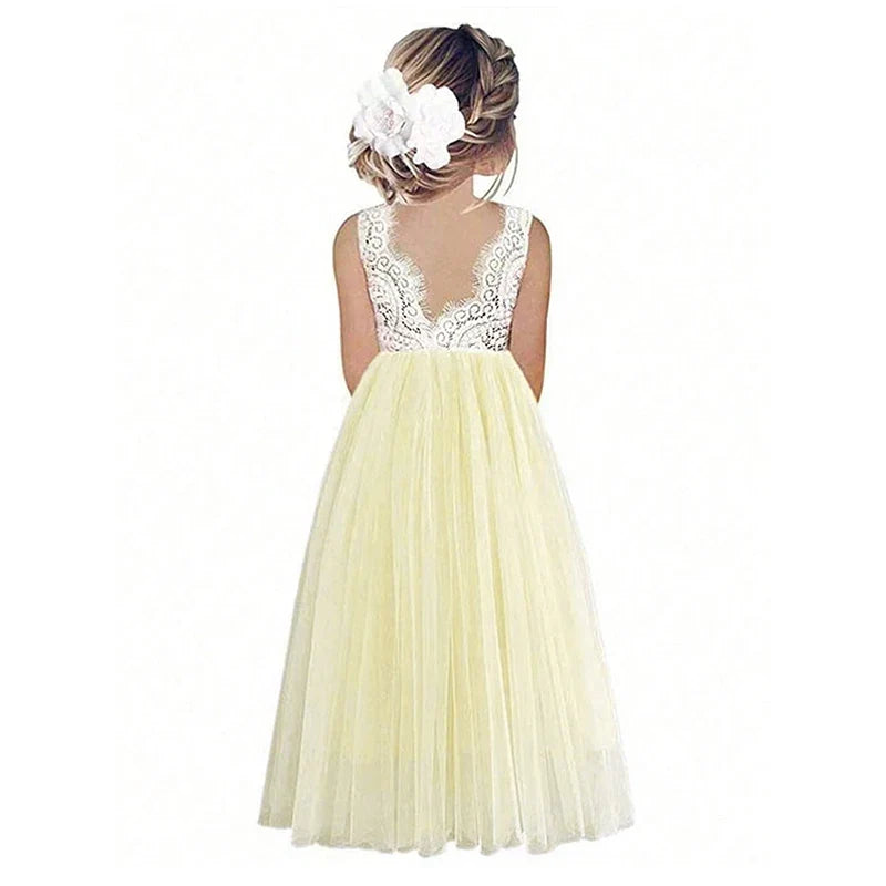 Lightweight Girls’ Flower Girl Dress - Lace Bodice, Flowing Tulle Skirt, Polyester, For Wedding