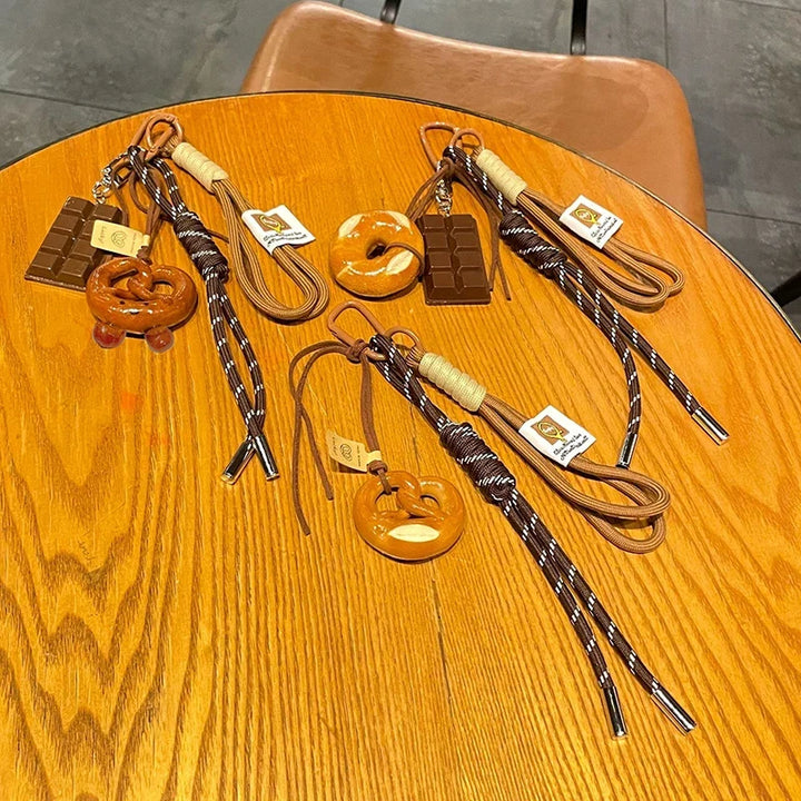 Woven Rope Bowknot Keychain With Cute Pastry Charms