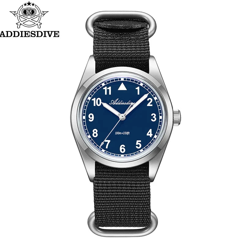Waterproof Diver Quartz Watch Luminous Hands, Nylon Strap, 100m Water Resistance