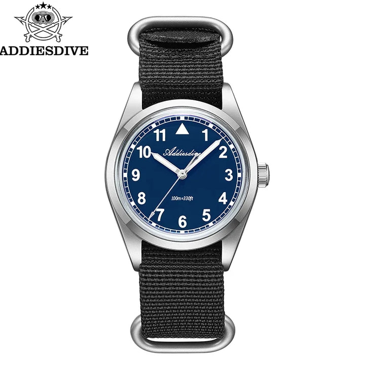 Waterproof Diver Quartz Watch Luminous Hands, Nylon Strap, 100m Water Resistance