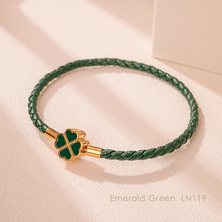 Four Leaf Clover Braided Leather Lucky Bracelet Gift