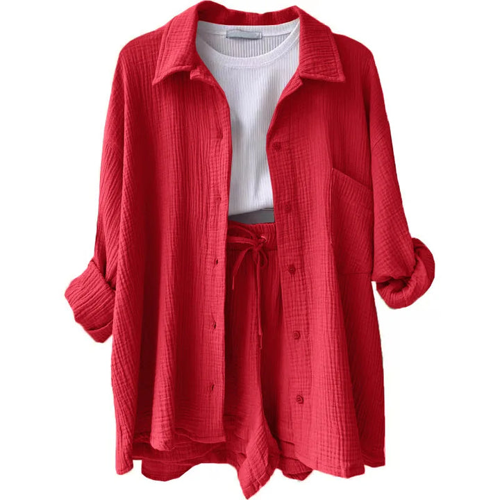 Women Two-Piece Set Orange Wrinkled Lapel Shirt &amp; High-Waisted Shorts Fashion Suit