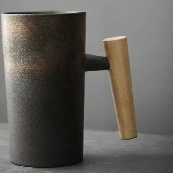 Japanese Style Stoneware Coffee Cup - Handmade Mug with Wooden Handle for Couples