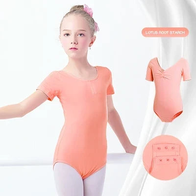 Soft girls ballet leotard - drawstring neckline, ruched front, cotton knit, for dance class