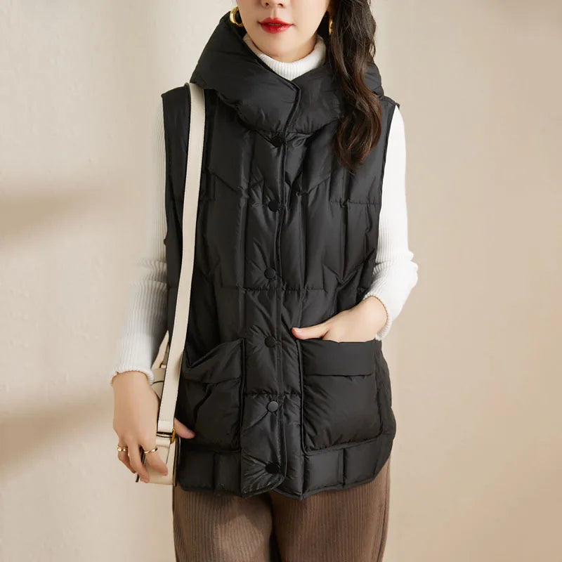 Lightweight Women’s Hooded Down Vest - Quilted Midlength