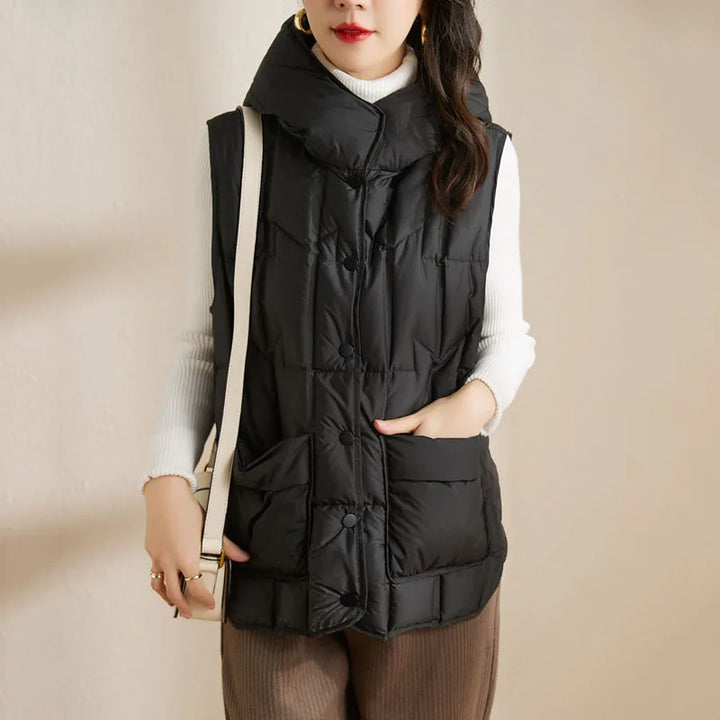Lightweight Women’s Hooded Down Vest - Quilted Midlength