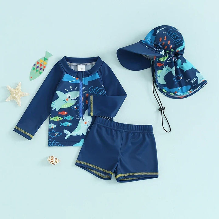 Quick-dry baby boys rash guard swimsuit set - long sleeve zip-up, fish print, polyester, summer beachwear