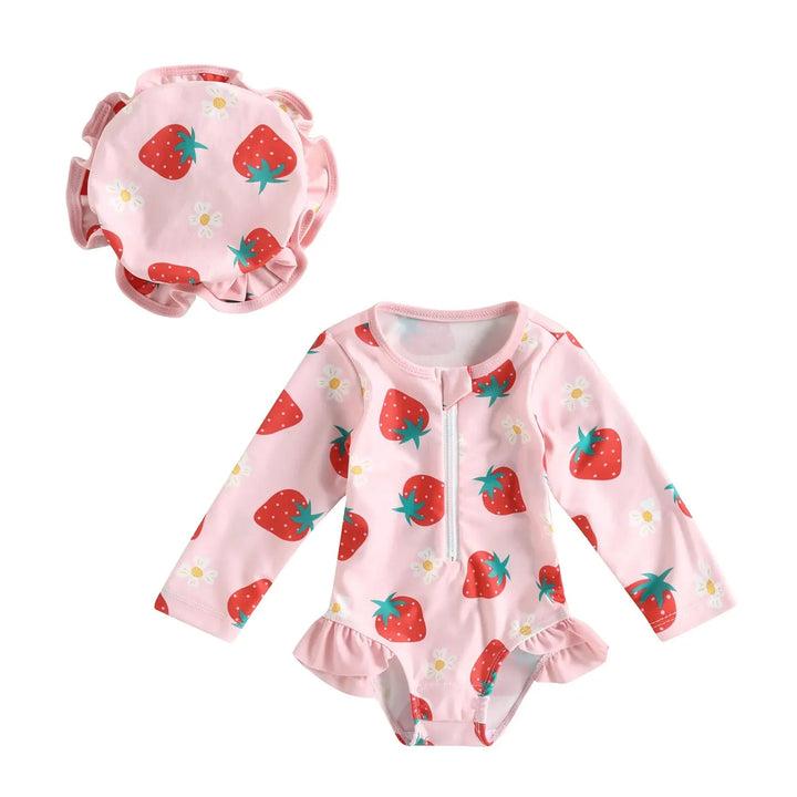 Lightweight infant girl’s swimwear jumpsuit – long-sleeve zipper, flamingo floral print, polyester, for summer