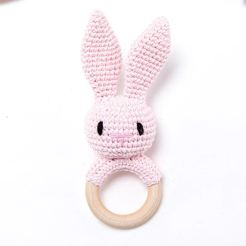 Wooden Crochet Animal Teether Rattle Newborn Sensory Toys
