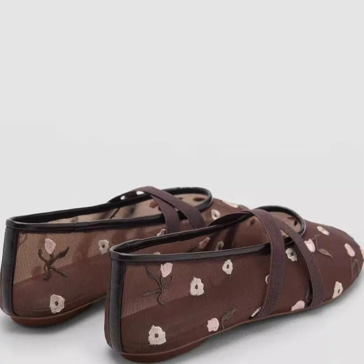 Lightweight Women Ballet Flats - Mary Jane, Embroidered Mesh