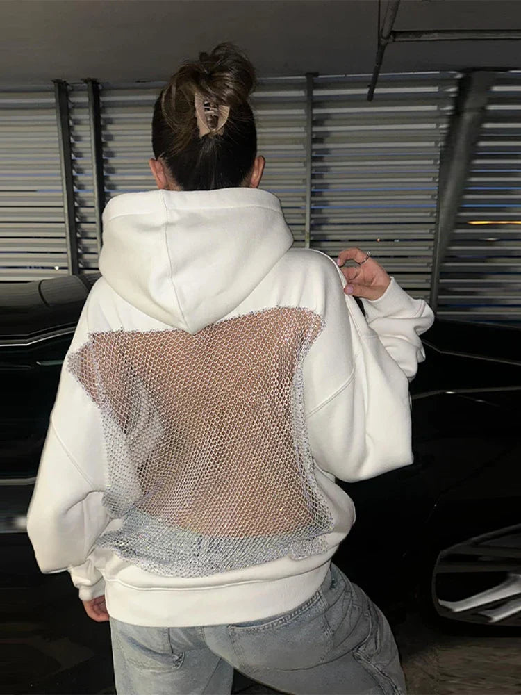 Oversized Relaxed Women’s Hooded Pullover - Boxy Hollow-Back Cut, Blended Fabric With Mesh Back, For Streetwear