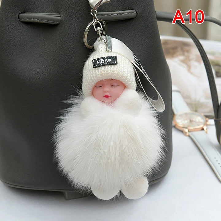 Pompom Sleeping Baby Keychain Plush Bag Charm Cute Gift