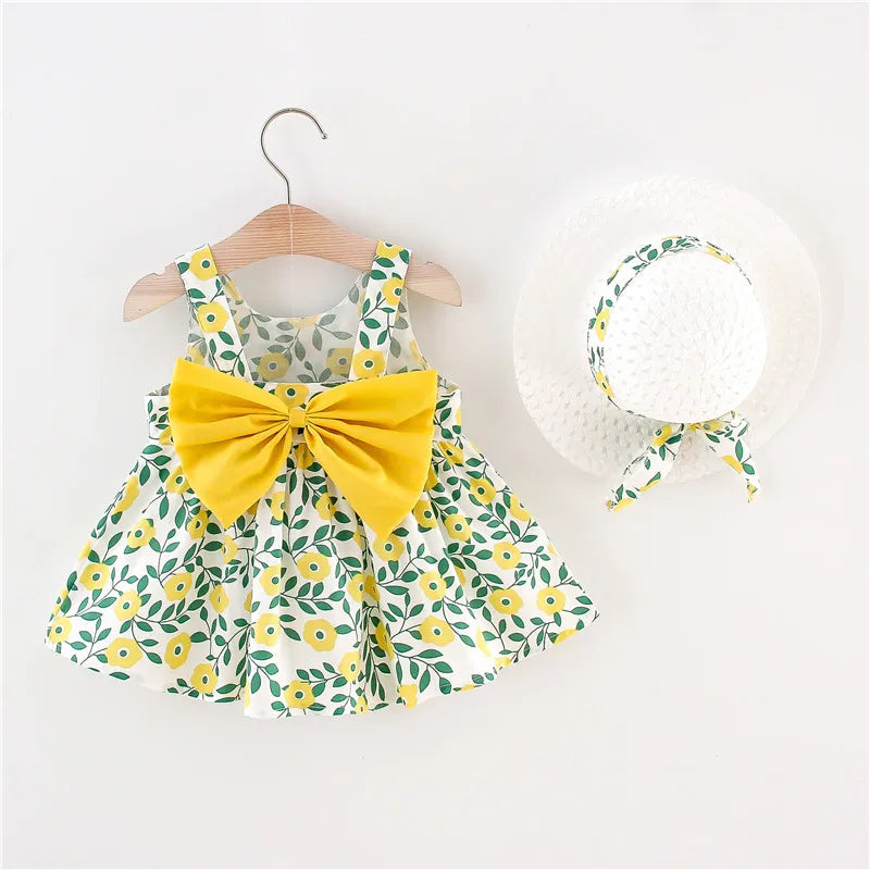 Soft baby girls dress - sleeveless, floral bow-embellished, cotton-polyester blend, for summer outings