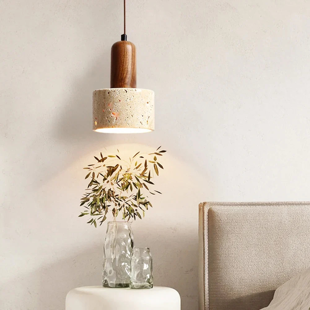 Japandi Japanese Pendant Light Wood And Travertine Bedside Lamp