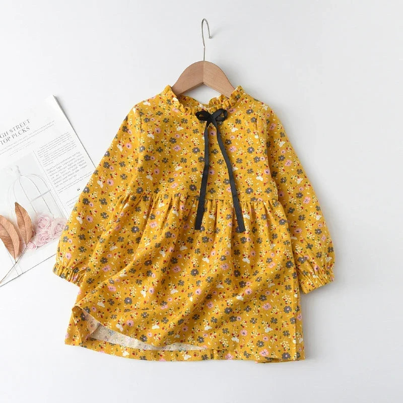 Soft Girls Dress – Long Sleeve Knee-Length, Floral Print, Cotton, Casual Autumn Wear