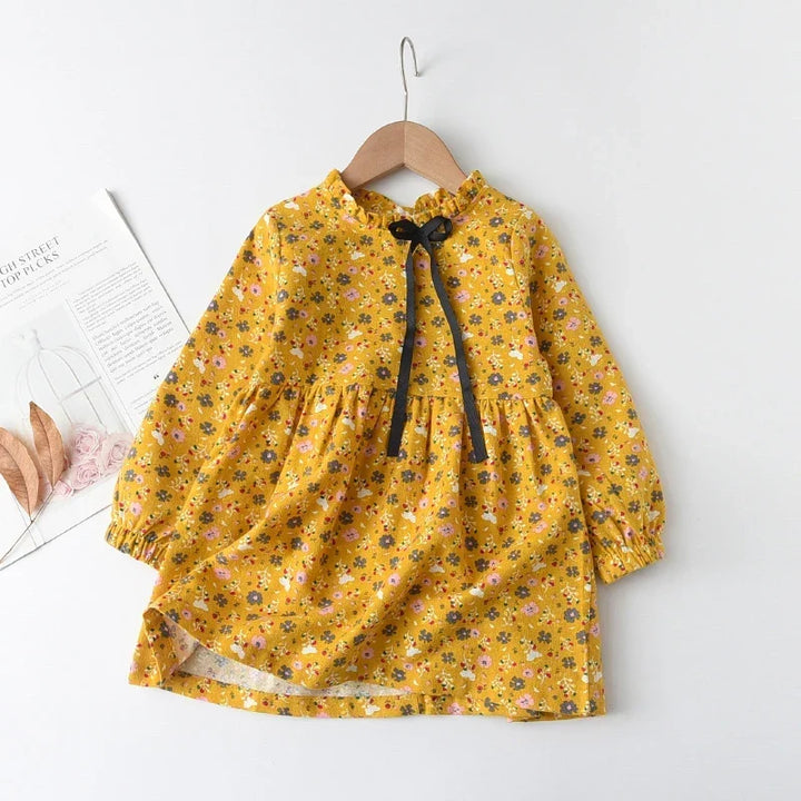 Soft Girls Dress – Long Sleeve Knee-Length, Floral Print, Cotton, Casual Autumn Wear