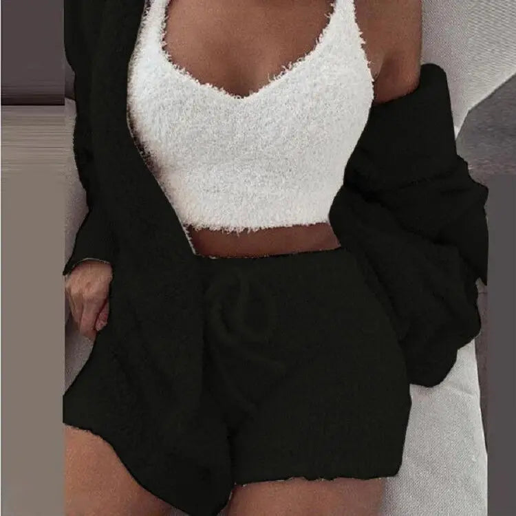 Fluffy Pajamas Set for Women Plus Size Tank Top Shorts Winter Sleepwear