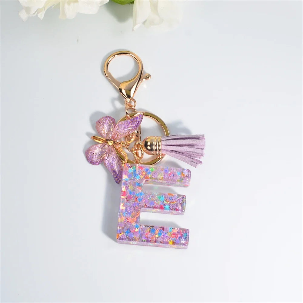 Sequin Letter Keychain With Butterfly Tassel Charm
